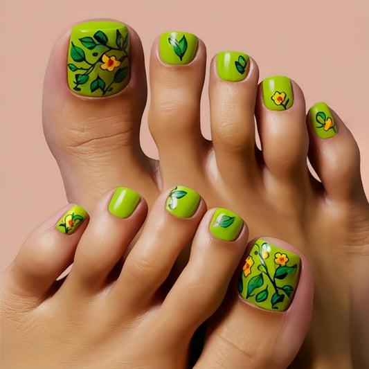 Green Press on Toenails Short Square Stick on Toenails with Yellow Flower Daisy Design Green Leaf Glue on Toenail Glossy Spring False Toenail Summer Fake Toe Nails for Women Girls Manicure 24Pcs