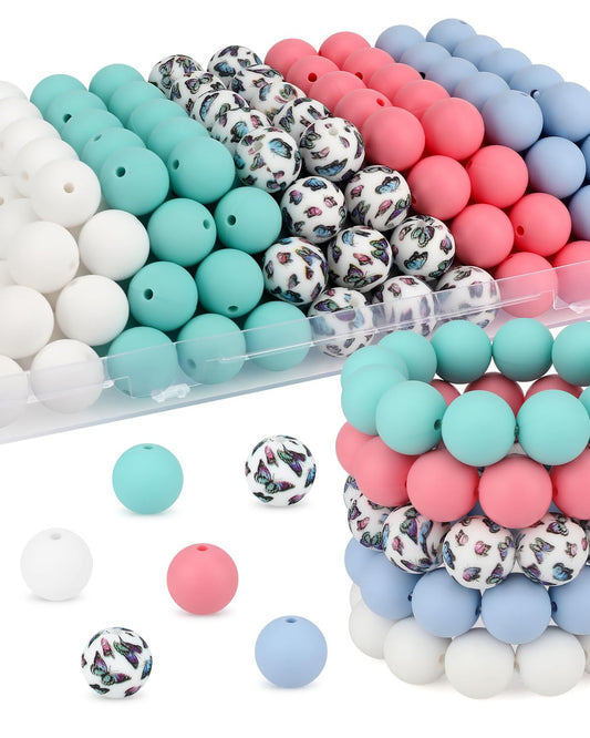 SALUOKE 100 Pcs 15mm Silicone Beads for Keychain Making, Butterfly Silicone Beads Bulk Round for Bracelets Pens Crafts Jewelry Making (Butterfly)