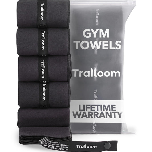 Trailoom Microfiber Workout Towels - Quick Dry, Highly Absorbing, Odor-Free, for Men & Women - Gym Sweat Sports Towel for Hot Yoga, Tennis, Running, Exercise, Working Out, Camping, Set of 5 Black