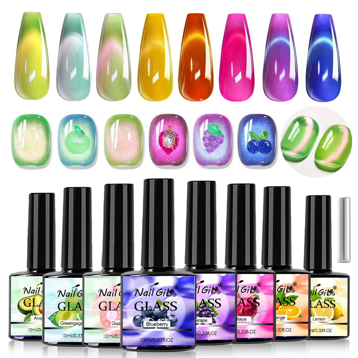 NAILGIL Cat Eye Gel Nail Polish Set, 8 Colors Fruit Catseye Magnetic Neon Gel Sweet Guava Greengage Plum Avocado Lemon Orange Pitaya Grape Blueberry Salon Summer Manicure DIY for Women