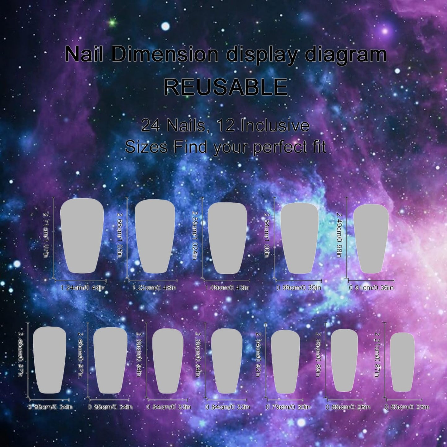 Starry Sky Acrylic Full Cover Fake Nails 24Pcs Milky Way Press on Nails Glossy Purple Gradient Medium Coffin False Nail Universe Gel Glue on Fingernails Gold Stars Stick on Nail for Holiday Manicure