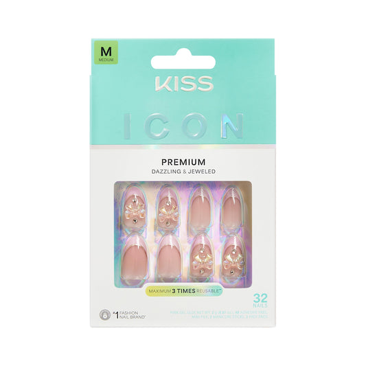 Kiss Icon, Press On Nails, Nail glue included, 'Vibrant', Pink, Medium Size, Almond Shape, Includes 32 Nails, 2g Glue, 2 Manicure Stick, 1 Mini File, 2 Prep Pads, 48 Adhesive tabs
