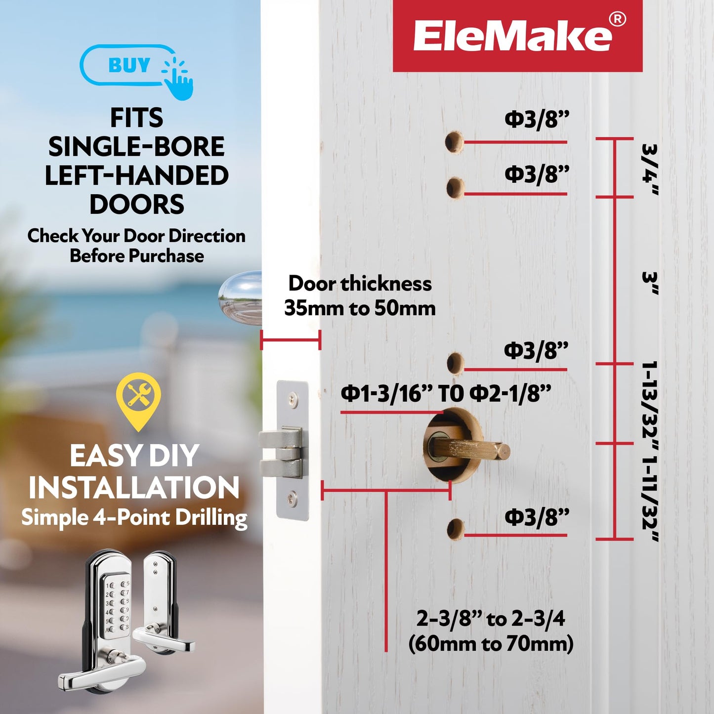 Elemake Left Handed Keyless Door Lock, Mechanical Keypad Door Lock with Handle, Heavy Duty Door Lever Lock Combination Security Digital Code, Stainless Steel 304 (Not Deadbolt)