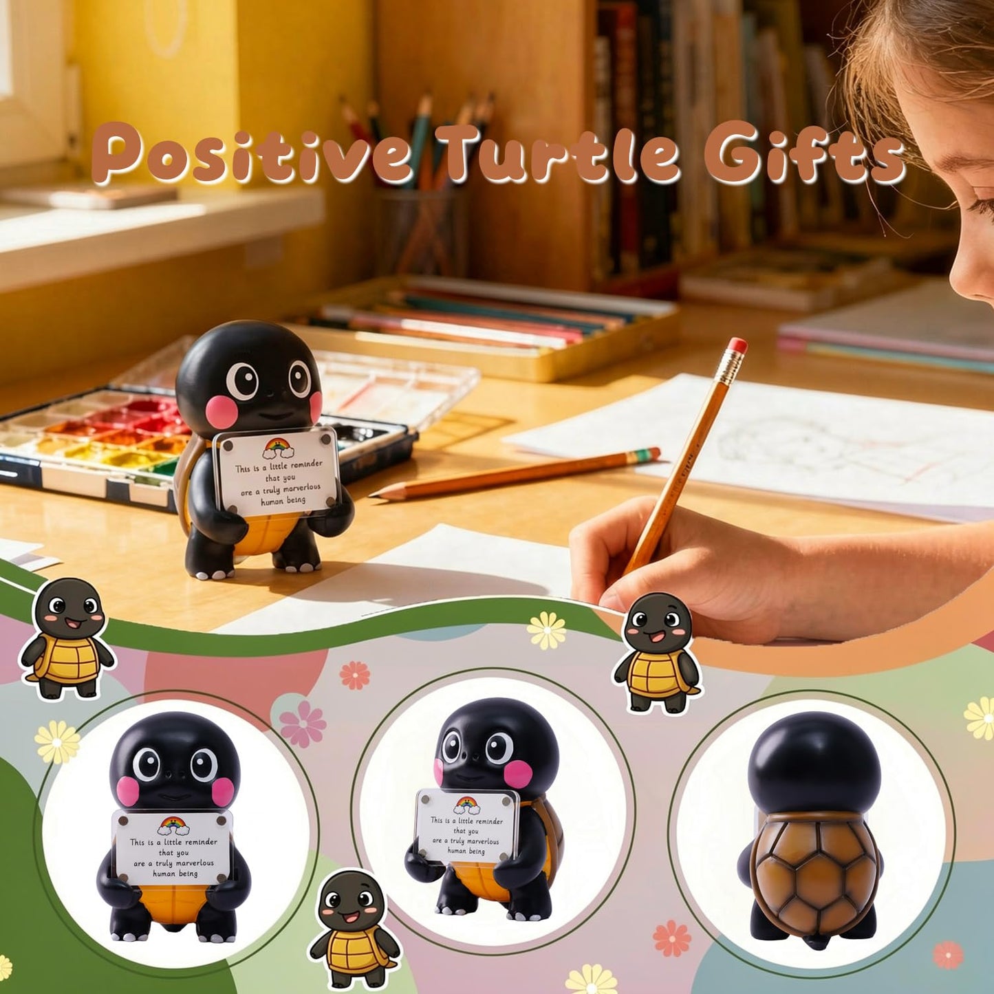 hollishowe Positive Turtle Figurine - 4.3" Tall Hand-Painted Resin Indoor Office Desk Decoration with Cute Motivational Sign, Funny Gift for Women Friends Bestie BFF Bestfriend Coworkers (Black)