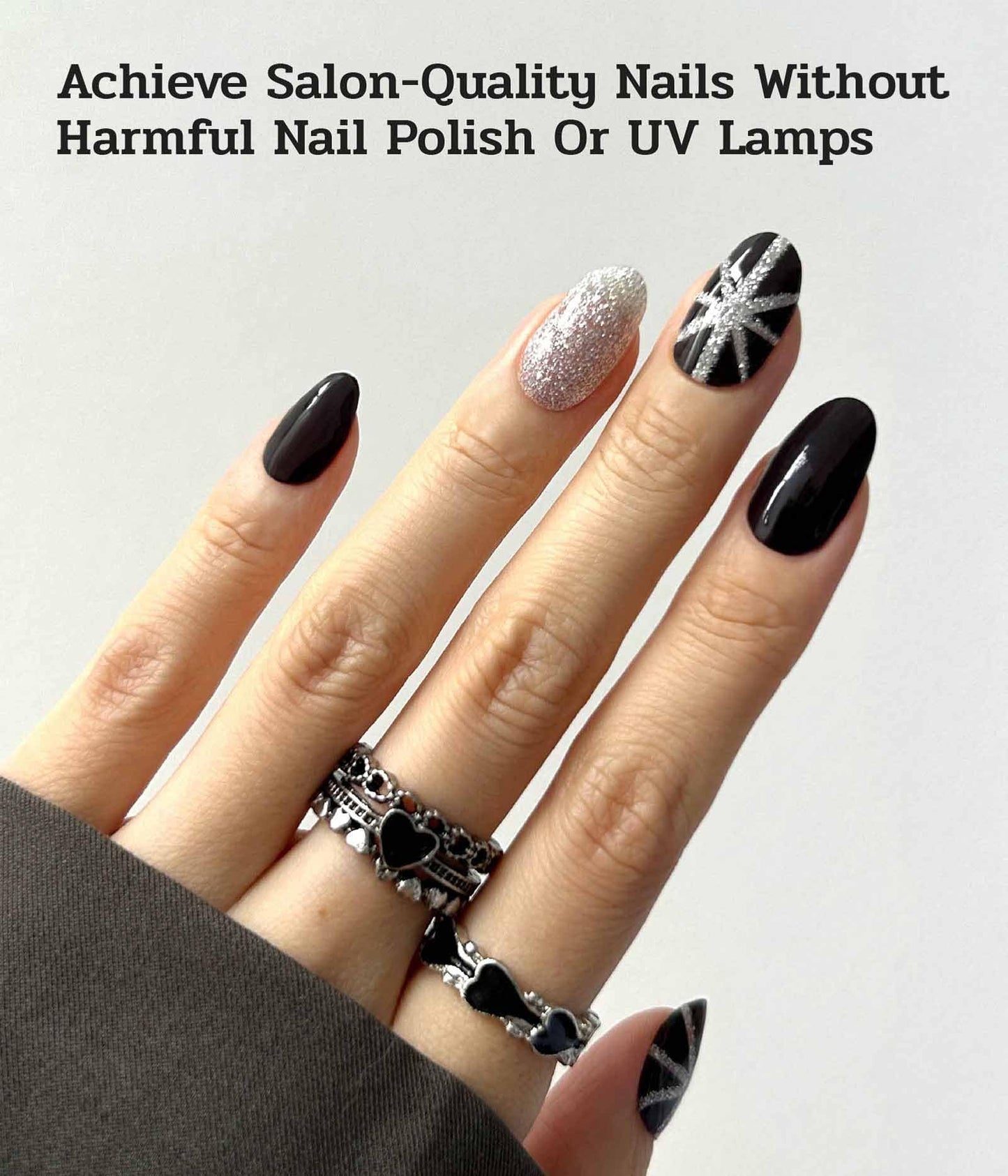 ruyeefam Nail Polish Strips (No UV Lamp Needed) - 22 Pcs Salon Quality Gel Nail Stickers - Long Lasting Wraps (Saint Black Glitter)