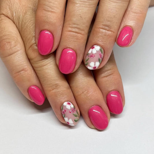 Floral Medium Oval Press on Nails Hot Pink Base White Floral Accents Green Leaf Details Glossy Finish Reusable Spring Nails Easy Apply Fashion Party Wear Durable Trendy Women Girls Nail Art 24 Pcs