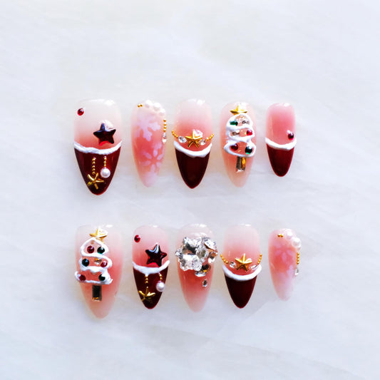 GLORS Christmas Press-on Nails, Medium Length Almond Shape, 3D Design with Snowflakes and Trees, Red and Pink, 10 Pieces (Small, Almond)