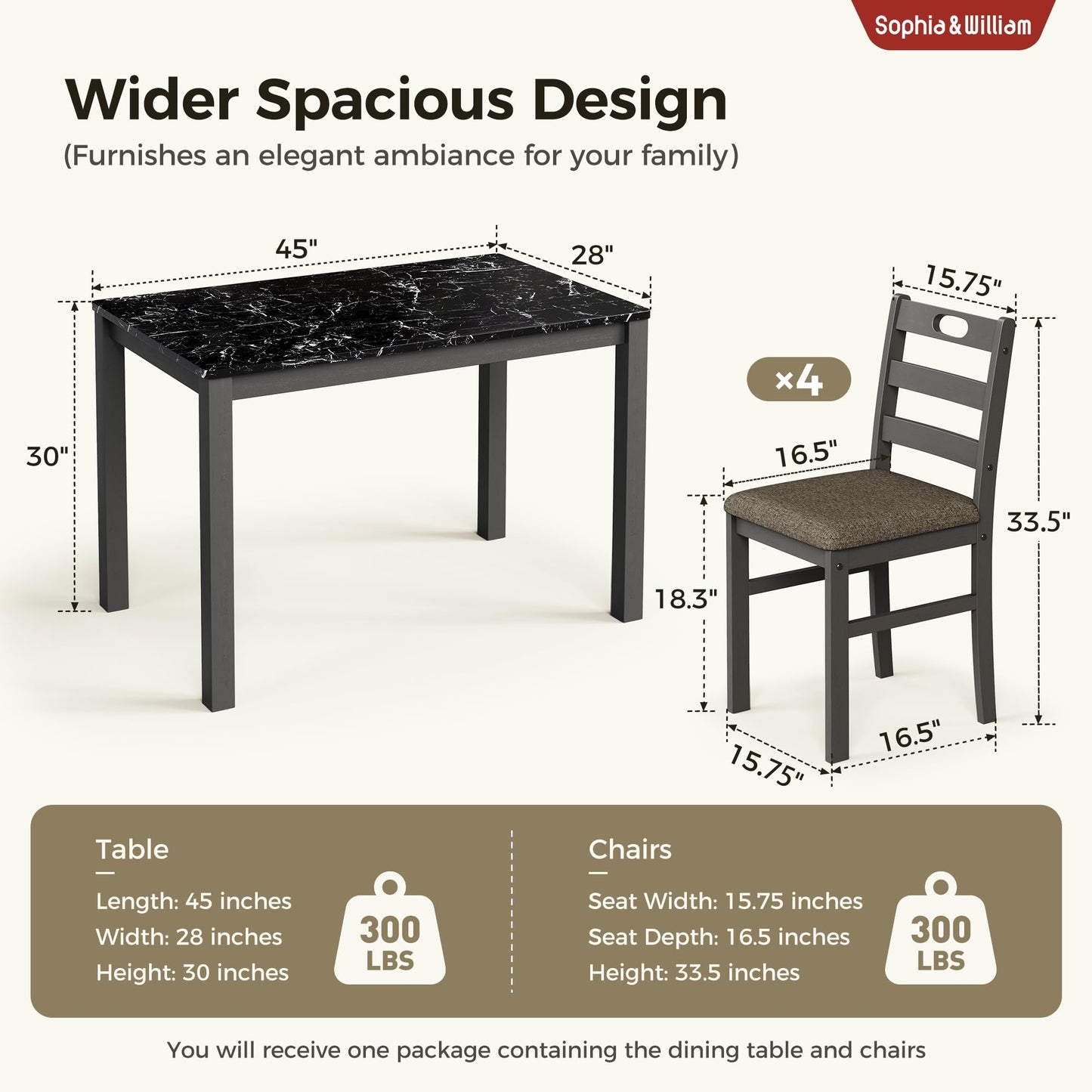 Sophia & William 5 Piece Dining Table Set for 4, Faux Marble Kitchen Table and Chairs Set, Solid Wood Farmhouse Dinner Table Set,Veined Black Marble & Gray