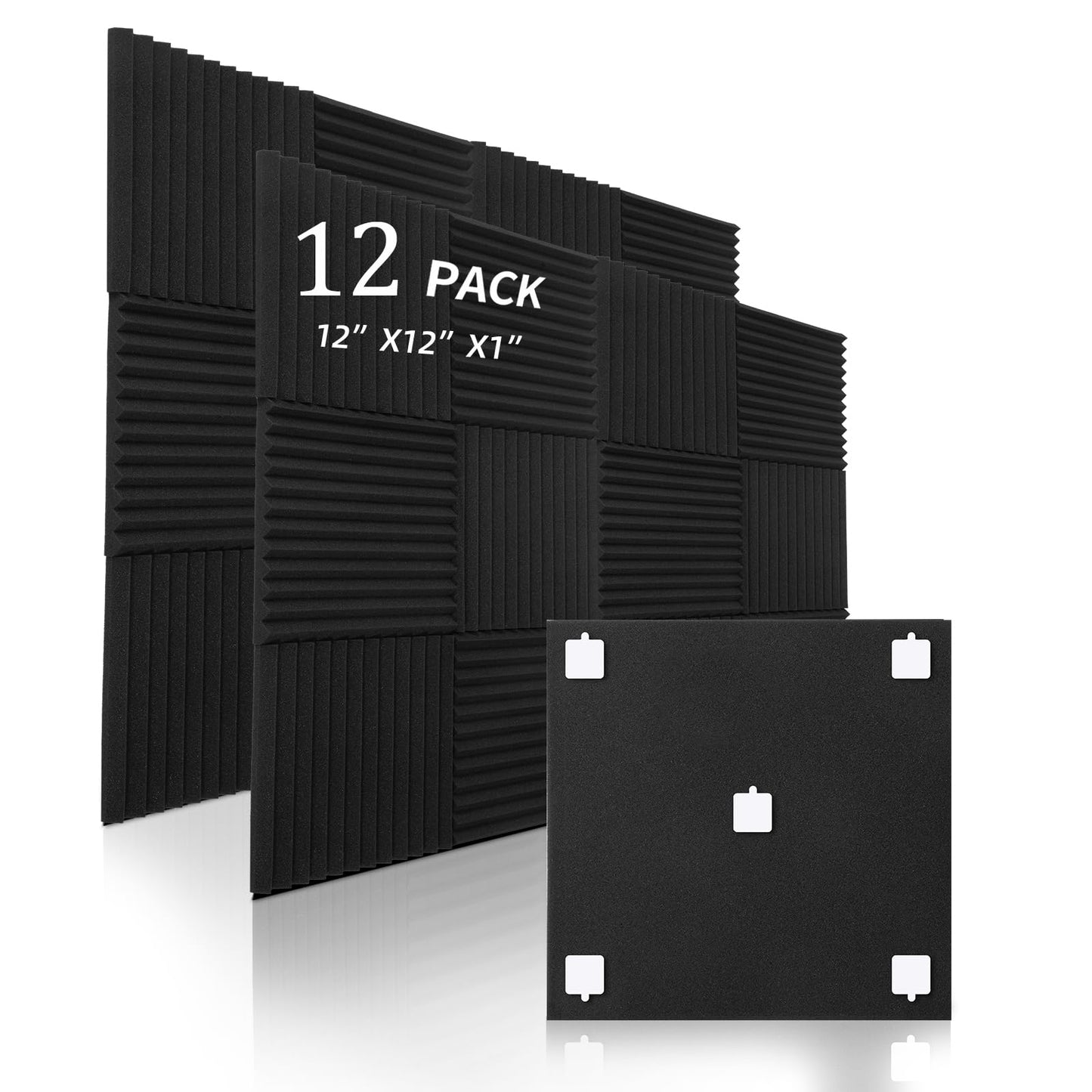 12 Pack Sound Proof Foam Panels,12"×12"×1" Acoustic Foam Panels, High Density Soundproof Wall Panels for Home Office Recoding Studio,With 250PCS Adhesive Stickers (Black, 12 Pack)