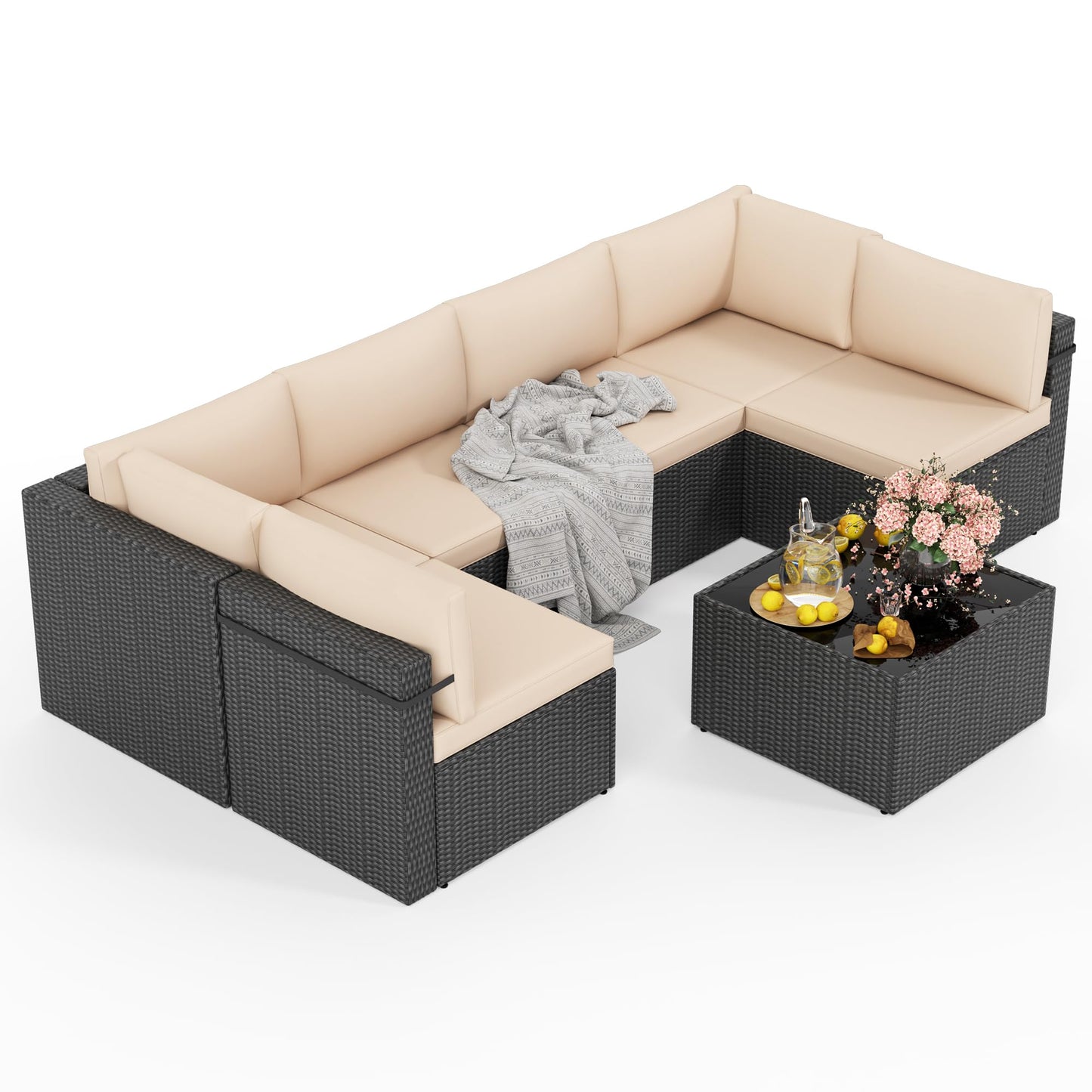 PATIOPIA 7-Piece Outdoor Sectional Sofa Set, Weather-Resistant Patio Furniture Set with Washable Cushions and Coffee Table, Black Rattan Patio Conversation Set for Poolside, Backyard, Deck (Beige)