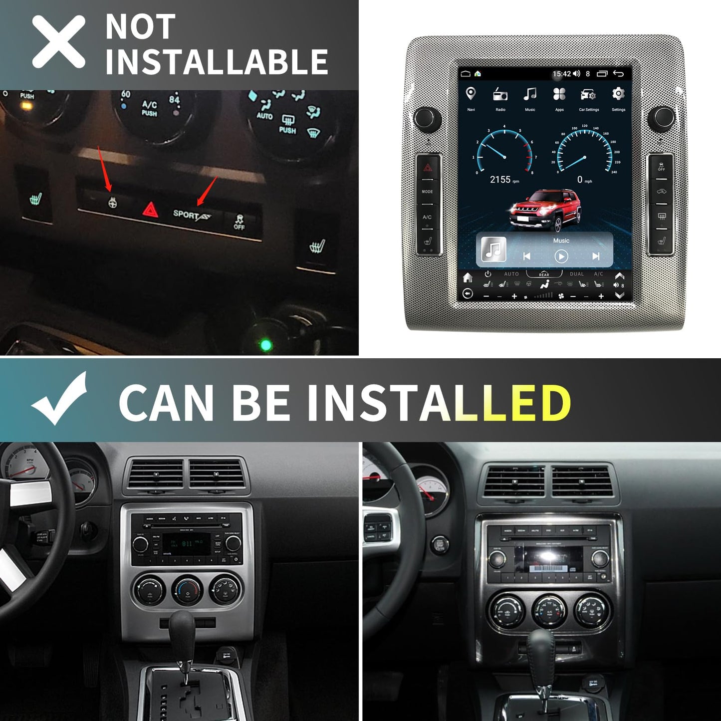 Car Radio Stereo for Dodge Challenger 2008-2014 Replacement Android Auto CarPlay GPS Navigation Vertical Screen Tesla Style with DSP in Dash Headunit Multimedia Player Audio