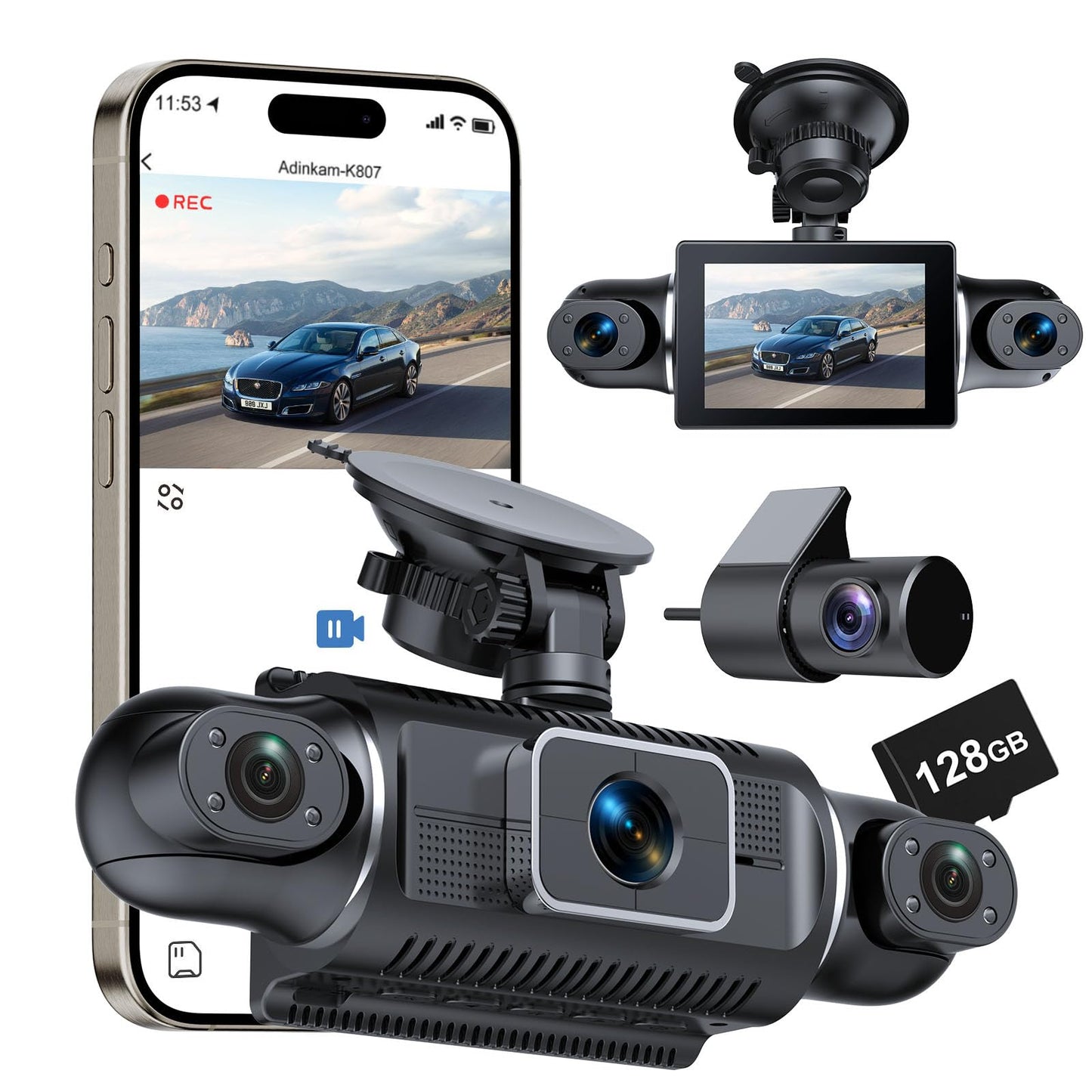 360° Dash Cam Front and Rear View 4 Channel Dash Camera FHD 2K+1080Px3 for Car, Inside/Back 170°+2x150°+170° Wide Angle, 8 IR Lamps Night Vision,WiFi,GPS, APP,G-Sensor with 64GB Card,24/7 Parking Mode