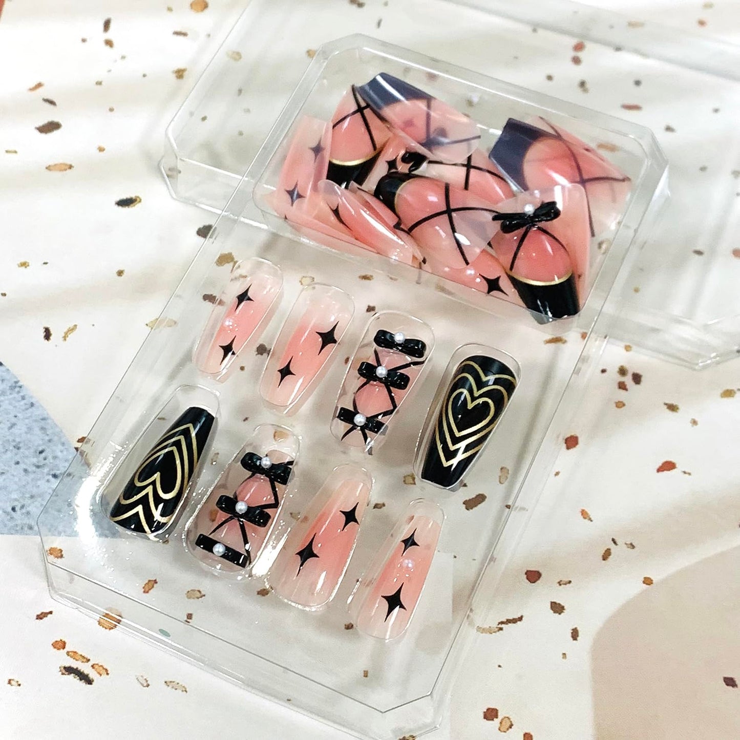 Vezocim Black Press on Nails Square Medium 24Pcs Glossy Full Cover Coffin French Tips Fake Nails with Heart Bow Pearl Designs Artificial Acrylic False Nails Fingernails Glue on Nails for Women