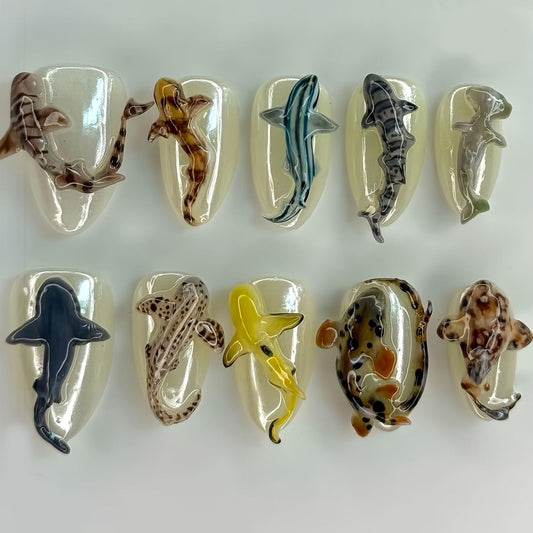 10pcs Handmade Press on Nails Almond Fake Nails with 3d Ocean Animal designs Cute False Nails Full Cover Gel Glue on Nail for Women Girls Manicure Decor（m）