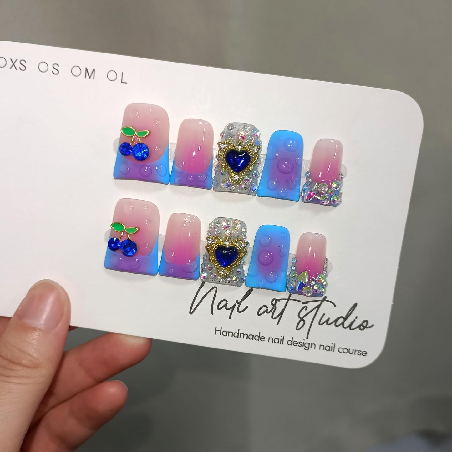 TENPAL Handmade French Tips Press on Duck Nails Kits - Icy Blue Purple Ombre Duckbill Nails with 3D Cherry Design, Acrylic Glossy Y2K False Nails for Women Girls Daily Parties(L)
