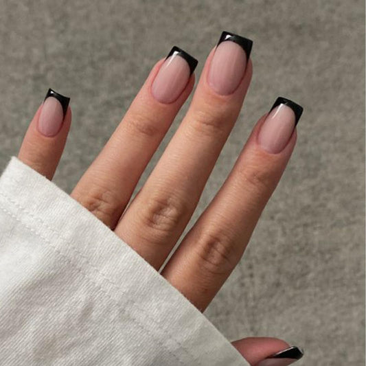 Modelones Black French Tip Press on Nails Short, Square Fake Nails, Reusable Nail Kit with Nail Glue Adhesive Tabs Mini Nail File, Nails Press Ons 32Pcs 16Sizes, Spring Women Girl Gift