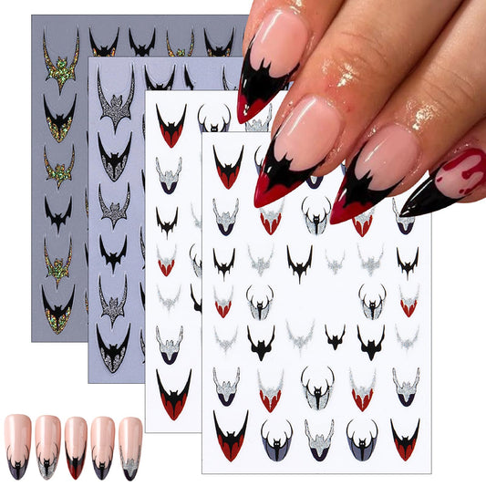 6 Sheets Halloween Bat Nails Art Stickers Glitter Holographic Gold Silver French Bat Design Nail Sticker Halloween French Sticker for Nails Decals Decals Holiday Decoration Kit for Women DIY Nails