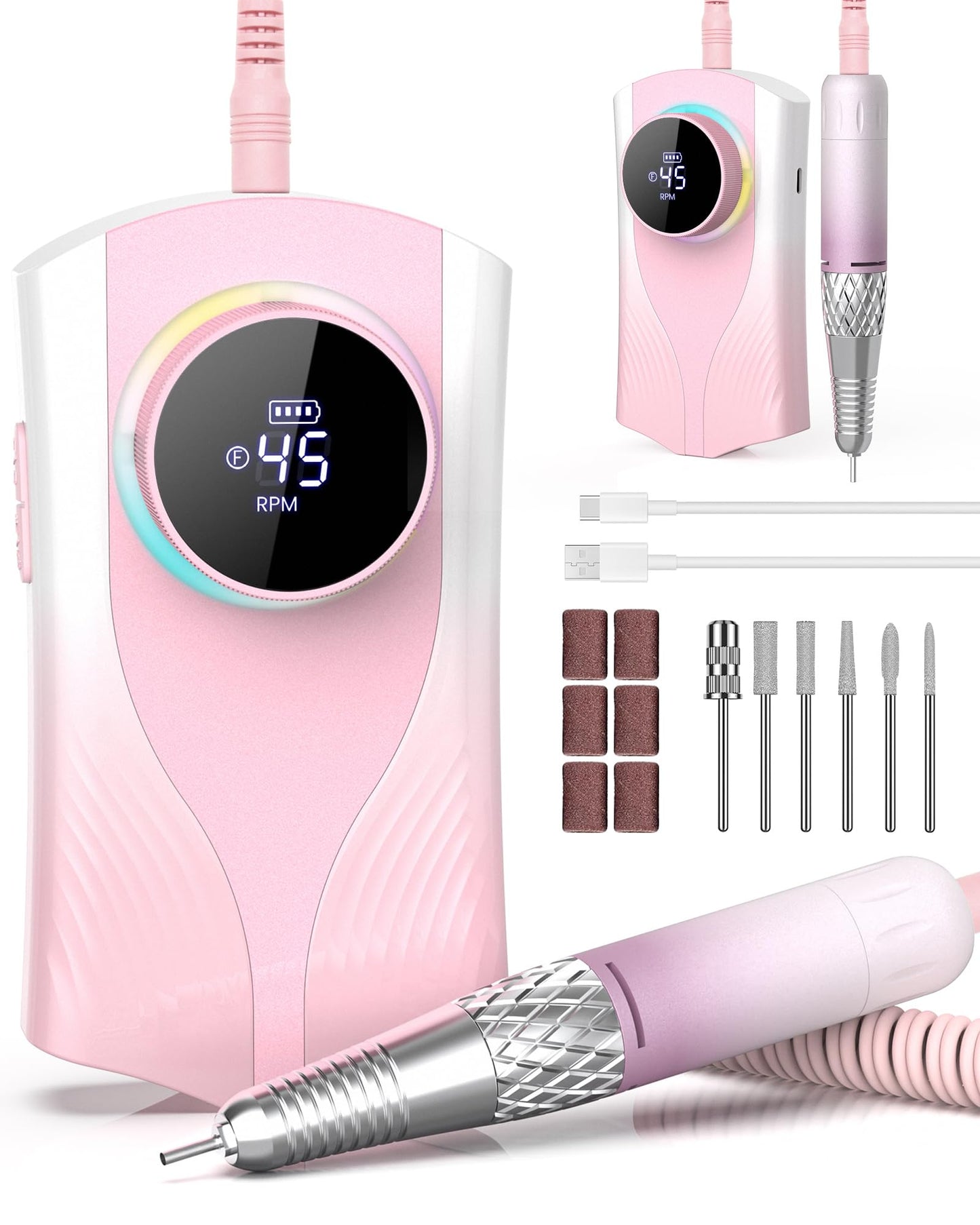 Nail Drill Professional 45000 RPM, Electric Nail File with LED Display & 45 Speeds, Rechargeable Nail Drill Kit for Acrylic Gel Nails, Manicure Pedicure at Home Salon (1800mAh-Pink)