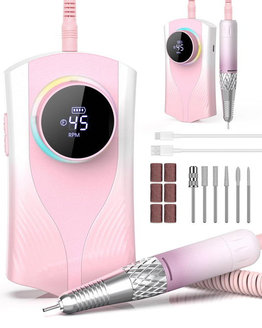Nail Drill Professional 45000 RPM, Electric Nail File with LED Display & 45 Speeds, Rechargeable Nail Drill Kit for Acrylic Gel Nails, Manicure Pedicure at Home Salon (1800mAh-Pink)