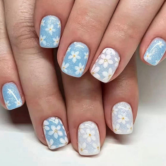 Blue Press on Nails Short Square Fake Nails with Flower Glitter Designs Spring Nails Press ons White Glue on Nails Summer Acrylic Nails Cute Floral Stick on Nails for Women 24Pcs