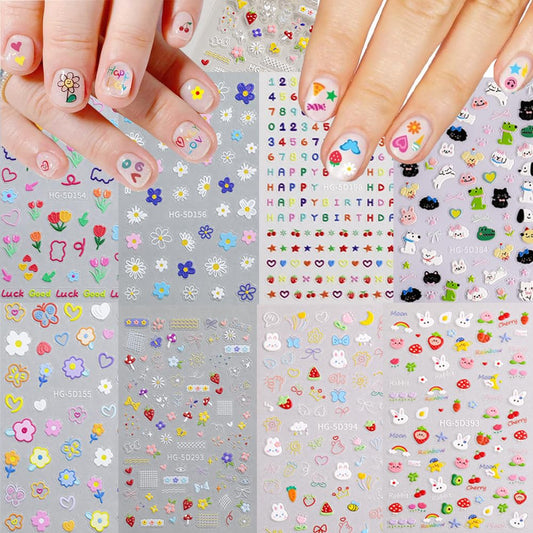 8 Sheets Kids Nail Stickers for Nail Art, 5D Embossed Self-Adhesive Flower Rainbow Dog Fruits Cherry Nail Decals, Cute Nail Supplies Designs Accessories for Women Girls Toddler Manicure DIY Decoration