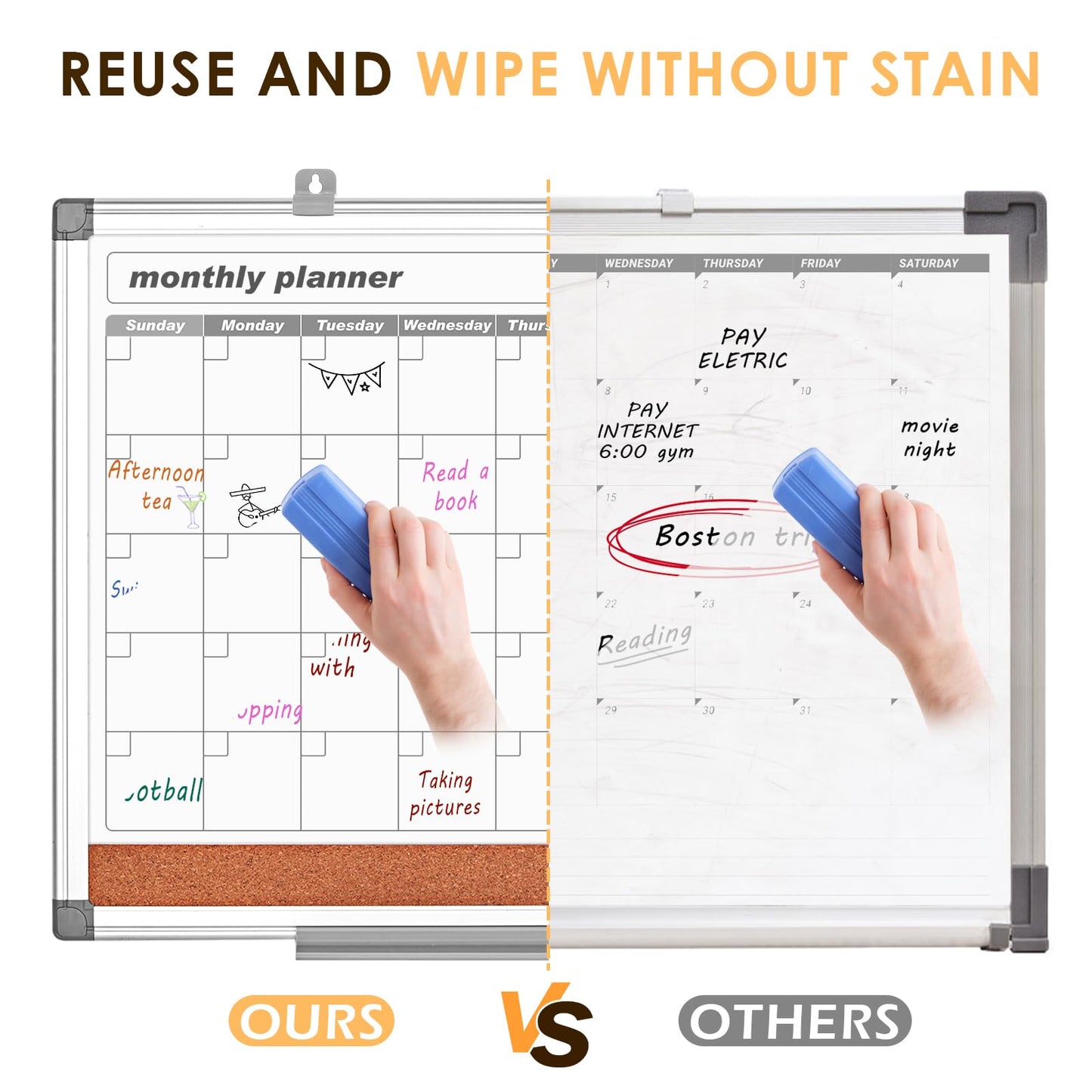 MAKELLO Dry Erase Calendar for Wall 36" x 24", Large Calendar Whiteboard with Cork Board for Office, Home, School, Family, Kitchen and Bedroom, 3' x 2'