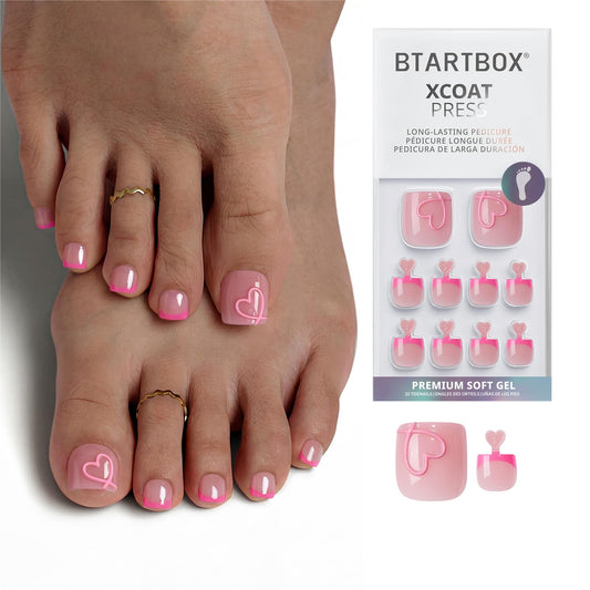BTArtbox Press On Toenails - Soft Romance, Lamp-Curable 4-Week Wear Hot Pink French Tip Square Toe Nail Press Ons with Glue and Adhesive Tabs, Easy-to-Apply in 15 Sizes - 30 Toenails All-in-One Kit