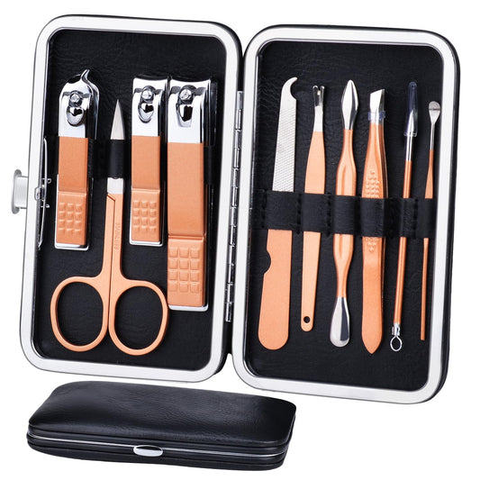HANTEKAS Manicure Set 10 in 1 Stainless Steel, Nail Clippers Scissors Pedicure Tools Kit - Portable Travel Grooming Kit for Men and Women with Leather Case (Rose gold)