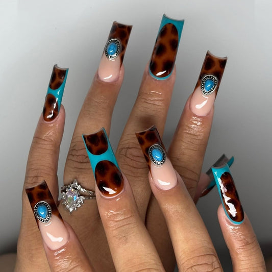 octoswave Long Square Press on Nails Leopard Tortoise Shell Print with Turquoise Charms Boho Western Style False Nails for Women 24Pcs