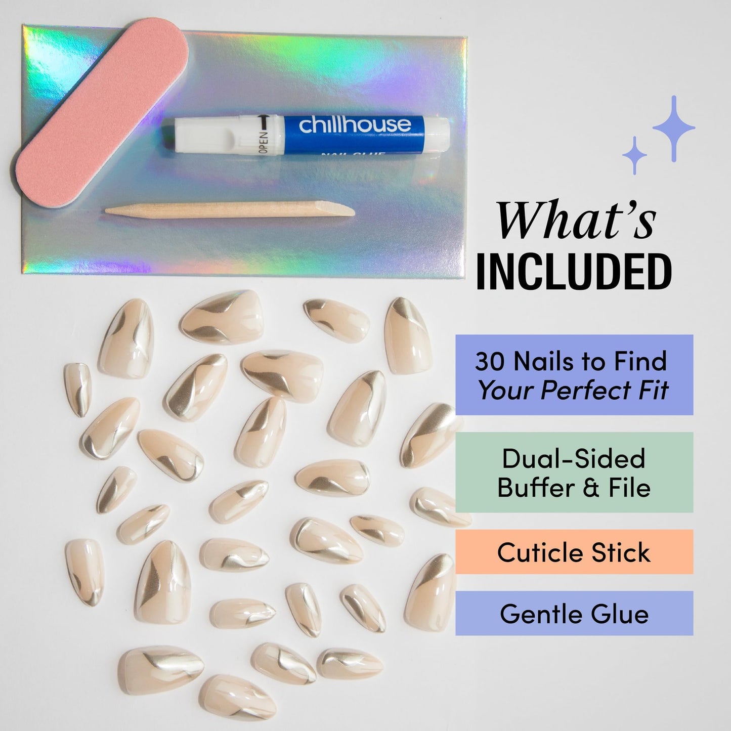 Chillhouse - Chill Tips, Press on Nails Kit - Tipsy Tinsel (Almond) - 30 Nail Shapes & Sizes - Up to 2 Weeks of Wear - Customizable Fit - Reusable - Latina Founded & Women Owned - Beauty & Self Care