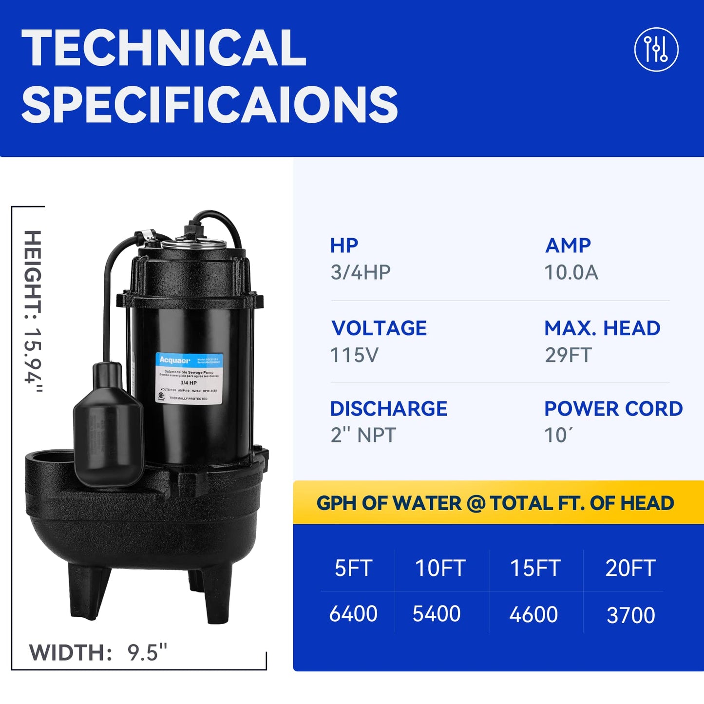 Acquaer Sewage Pump Submersible Water Pump with Automatic Float Switch, for Sump Basin, Residential Sewage, 3/4 HP 6400 GPH Sewage Pump 2'' NPT