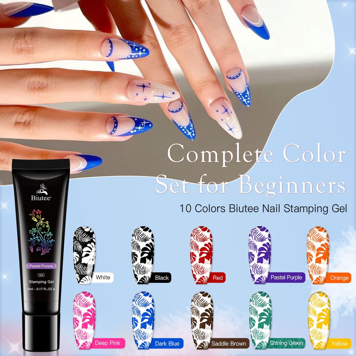 Biutee Nail Stamping Kit with 10 Stamping Gel Polish, 16 Nail Stamping Plate, Clear Jelly Stamper, 2 Scraper & Storage Bag, Floral Butterfly Geometric Beach DIY Nail Art Stamping Kit for DIY Manicure