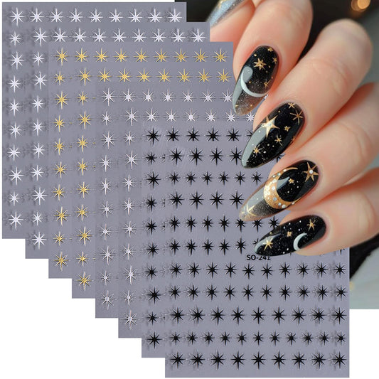 6 Sheets Star Nail Art Stickers Self-Adhesive 3D Star Nail Sticker Shiny Gold Silver White Black Stars Nail Art Design Decals Starlight Star Stickers for Women Girls Manicure Decoration Supplies