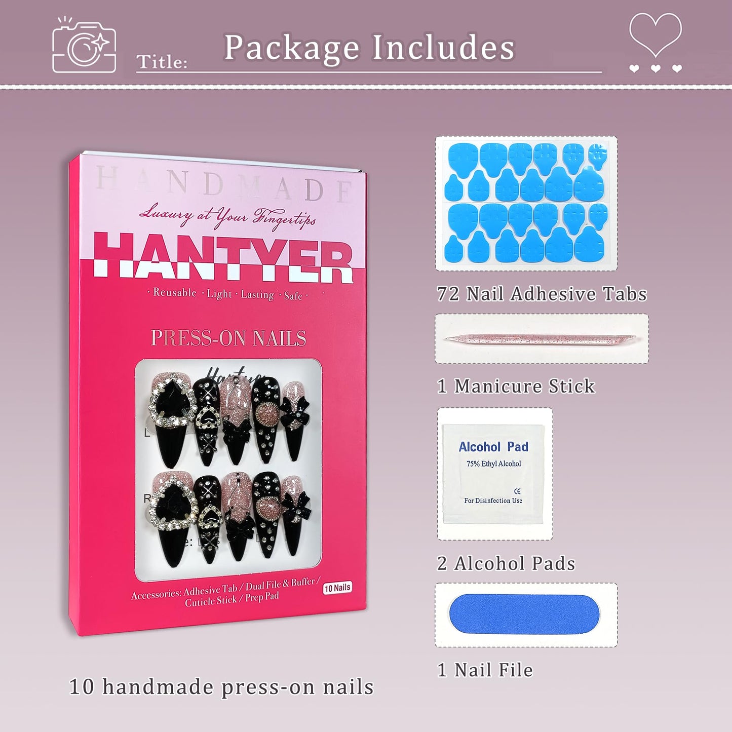 Hantyer Y2K Kawaii Goth Press on Nails with Tools Kit, Long Stiletto Glossy Black Nails, Pink Cat Eye with Black Heart Rhinestones & Bows, Edgy Cute Style for Concerts & Nightlife (Size L)