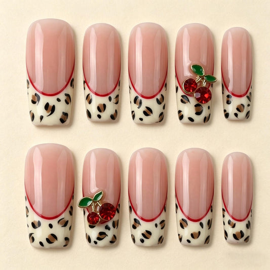 Long Square Press on Nails Handmade 3D Cute Glue on Nails for Women, Luxury Homemade Press on Nail Art Design, Fake Nails with 3D Nail Charms Size M 4