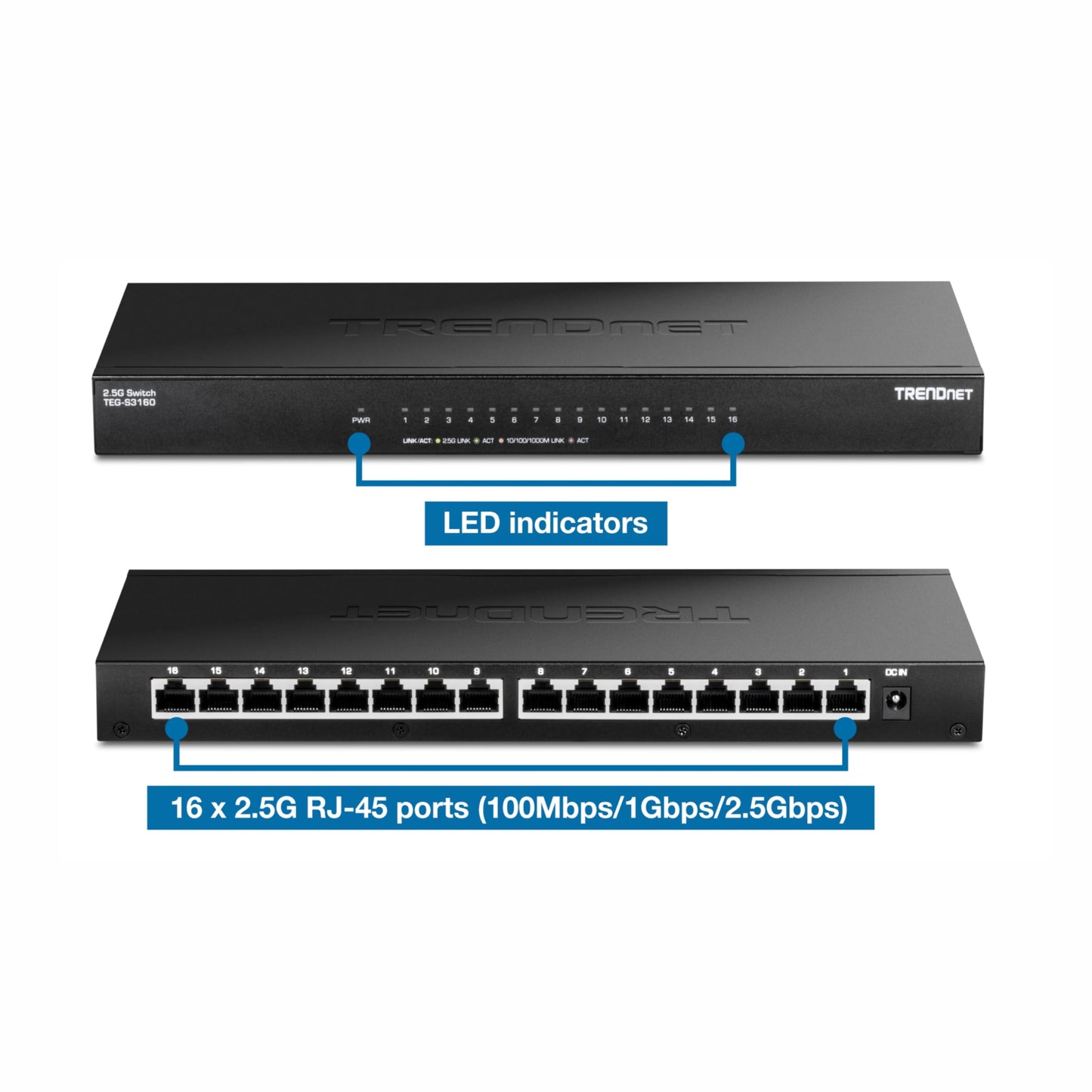 TRENDnet 16-Port Unmanaged 2.5G Desktop Network Ethernet Switch, TEG-S3160, 16 x 2.5Gb RJ-45 Ports, 80Gbps Switching Capacity, Ethernet Splitter, NDAA & TAA Compliant, Lifetime Protection, Black