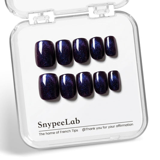 SnypeeLab Blue and Purple Cat Eye Press on Nails Short Square, Glue on Nails for Women Gift, French Tip Effect,Reusable Soft Gel Press on Acrylic Nail with Designs 30Pcs(Blue Purple)
