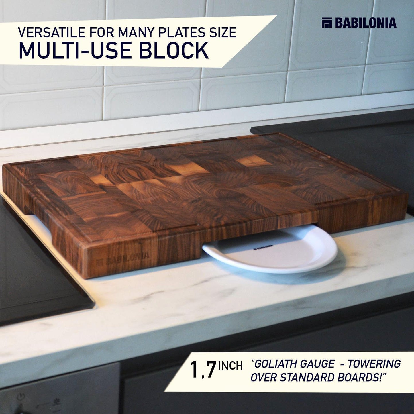 XXL American Black Walnut Cutting Board 24 x 15 Inch (ExtraThick 1.7"), Hardwood Butcher Block, Charcuterie, Heavy Duty End Grain Wood Chopping Board with Juice Groove & Handles (Oil & Plate included)