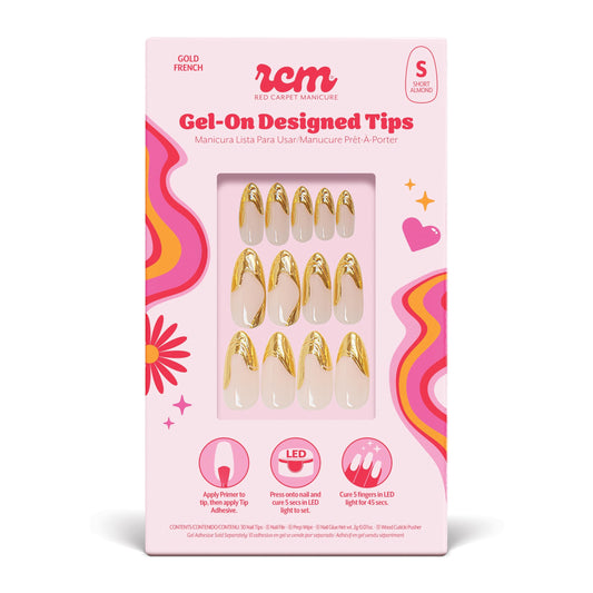 RC Red Carpet Manicure Gel-On Designed Tips - Full Coverage, Flexible, Break-Resistant, 21-Day Wear, UV/LED Cured Gel Adhesion for Natural Look (Gold French Medium Almond)