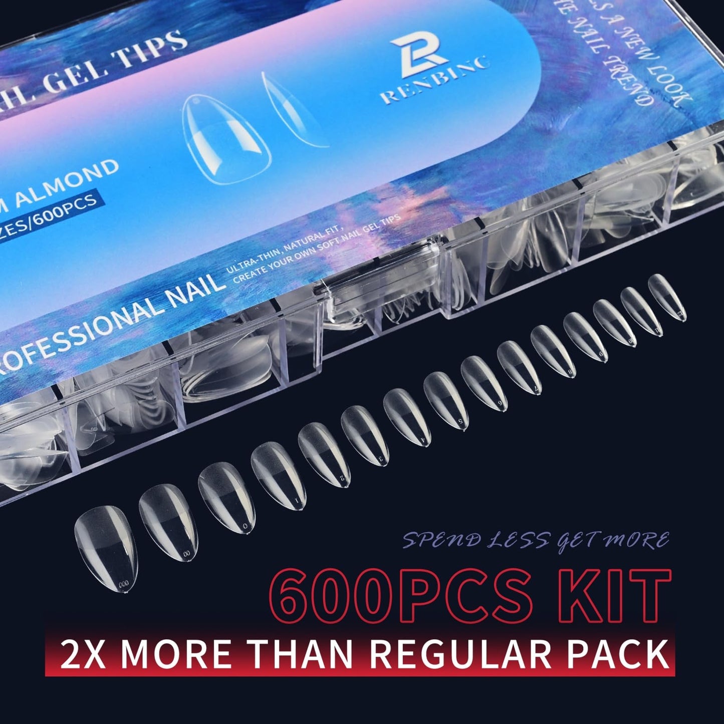 RENBING Gel Nail Tips Medium Almond,600pcs Fake Nails,15 Sizes Acrylic Nail Tips,Half Matte Press on Nail Tips,Full Cover Clear False Nails Gifts for Women Create Salon Nail Art at Home