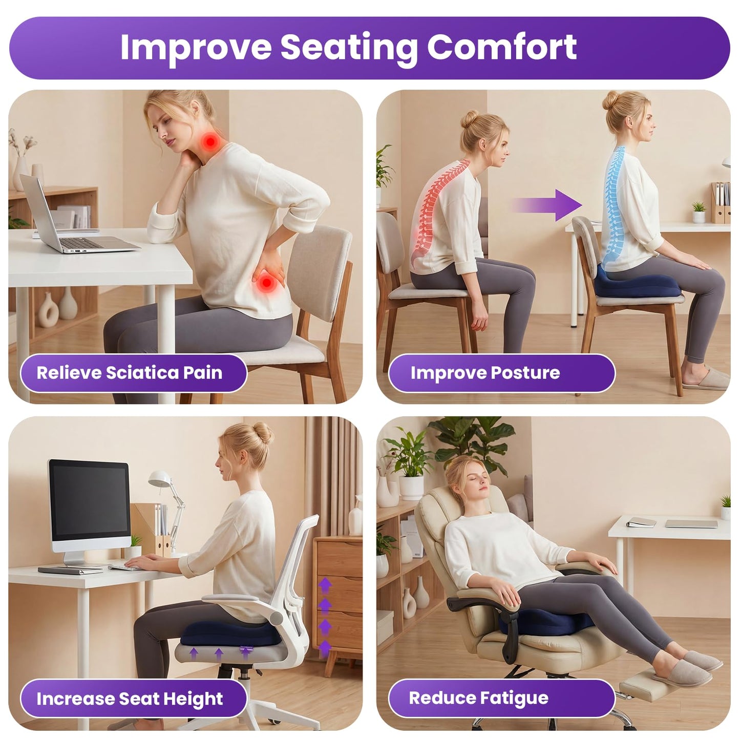 ZZ-WELL Seat Cushions for Office Chairs - Ergonomic Tailbone Pain Pressure Relief Seat Cushion - Extra Large & Thick Design Memory Foam Office Chair Cushion, 21.2" W X 16.5" L (Blue)