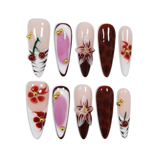 TENPAL Cherry Blush French Tips Press on Nails Long Stiletto with 3D Floral Carving, Handmade & Reusable, Soft Flattering False Nails for Everyday Wear | Sheer Cherry Style(M)