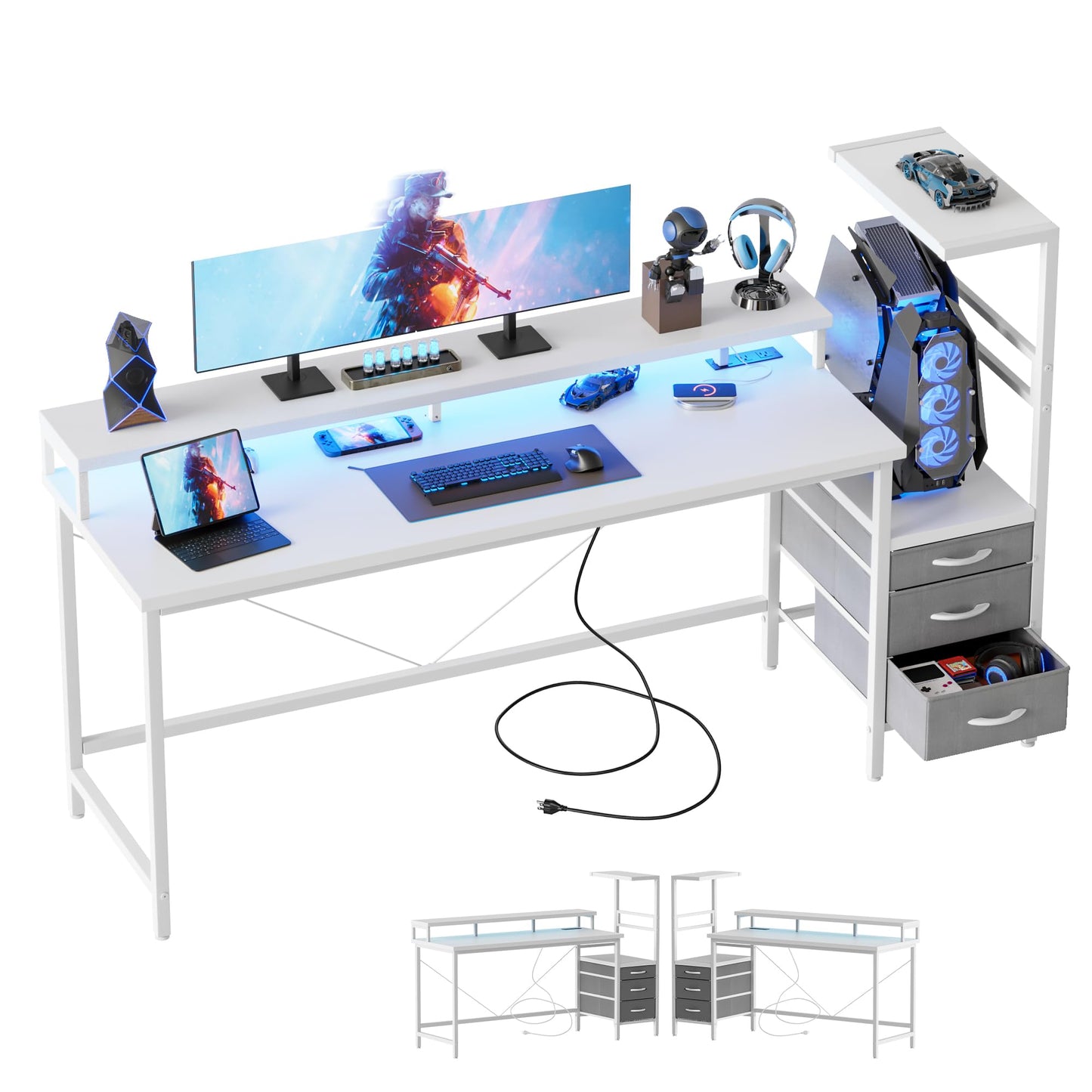 Mericonia Gaming Desk with Storage 60 inch, Computer Desk Gaming with LED Lights & Power Outlets, Reversible Large Gamer Table with PC Case Stand, Fabric Drawers, Office Desk with Shelves