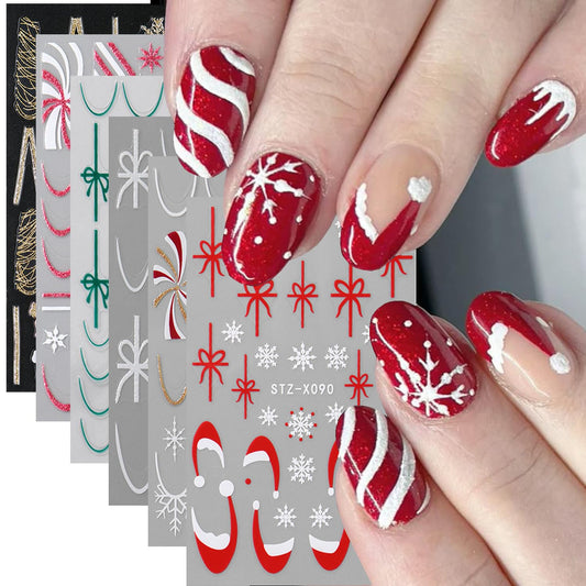 Christmas French Nail Stickers Decals with Christmas Cartoon Snowflakes, French Lines, Bows, Santa Hats Design Snowflake Gift Xmas Nail Sticker Nail Tip Winter Holiday Manicure Decor for Women