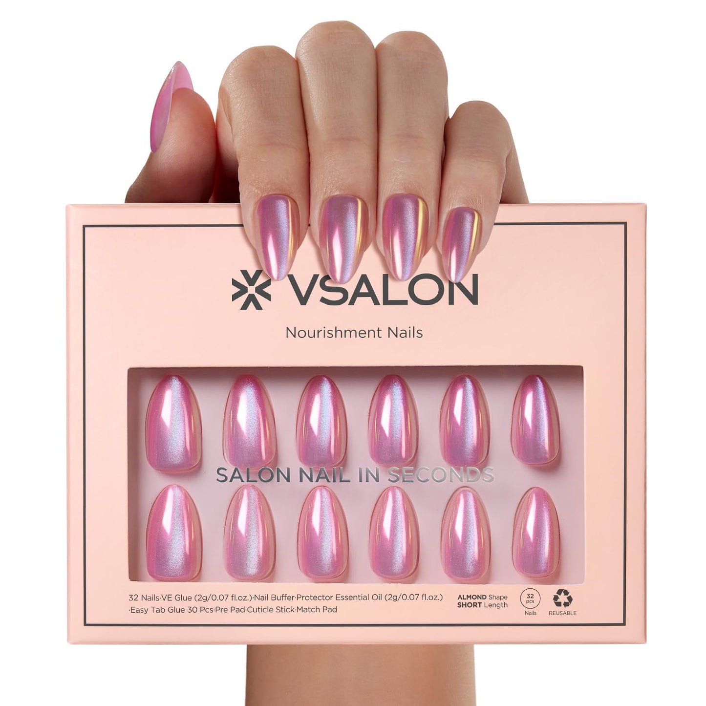 VSALON Press on Nails Short Almond - Pink Cat Eye Chrome Fake Nails Kit for Women, Spring Reusable Aurora Effect Opaque Holographic Summer Glue on Nails - 32 PCS Stick On Nails in 16 Sizes