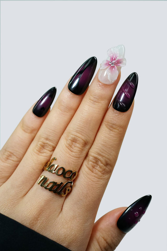 Nelaoco 10PCS Handmade Press On Nails REUSABLE 3D Gel Fake Nails Acrylic Slim Natural Profile Glassy Shine & Detail-Focused Finish (Midnight Dahlia Black - M)