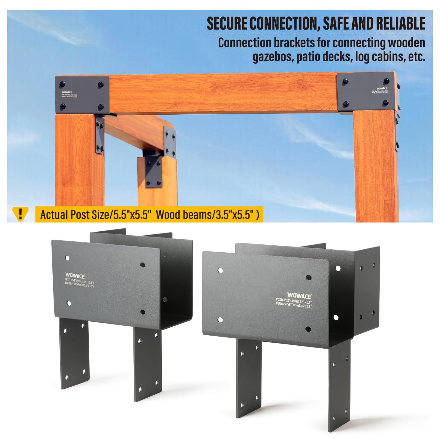 WOWACE 2 Pack 4x6 (Actual 3.5"x5.5") Heavy Duty Stainless Steel Pergola Brackets - Corner Post to Beam Connector for Gazebos, Patio Decks, Porches - Wood Post Cap Tie Bracket (Dark Gray)