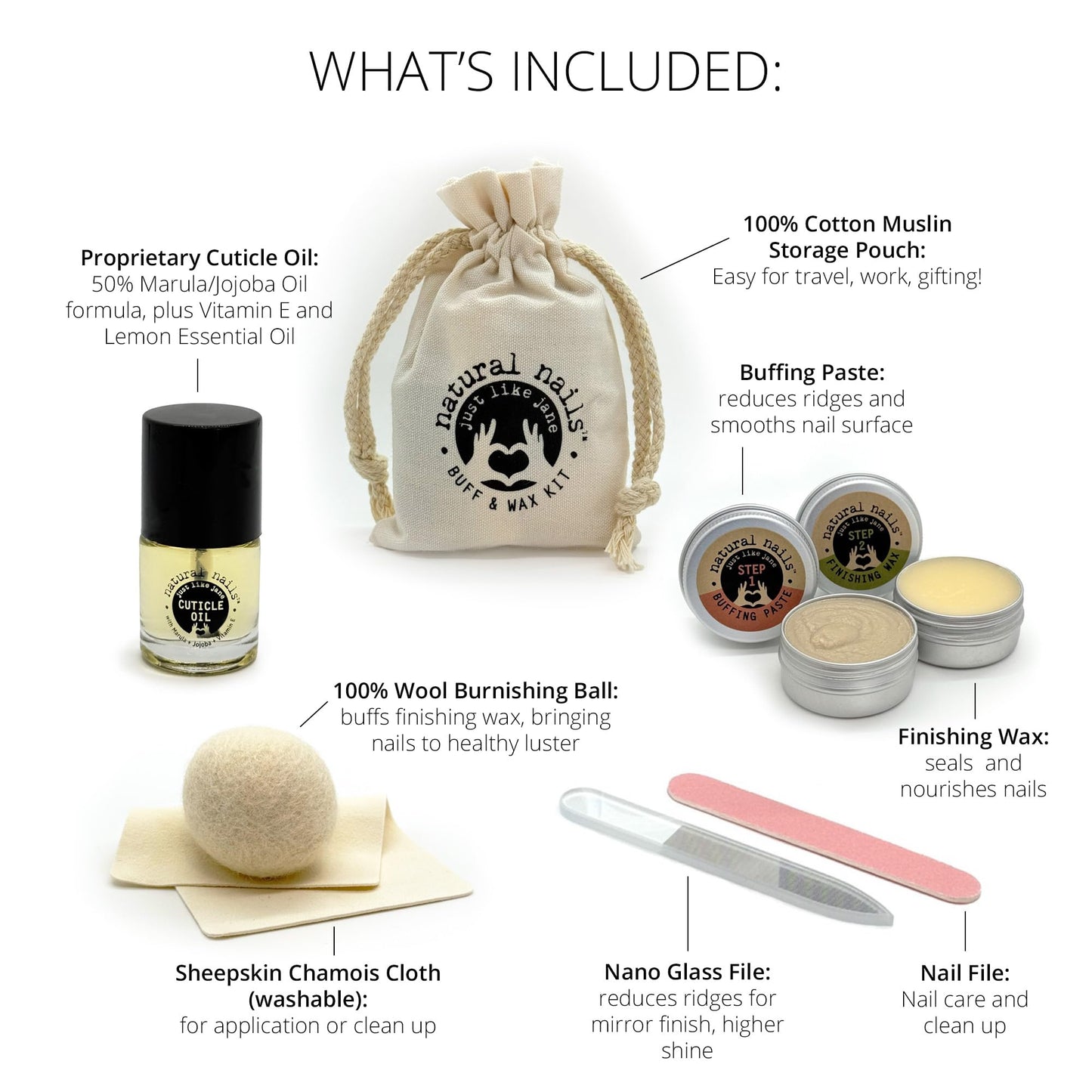 Just Like Jane™ Natural Nails Buff & Wax Kit - New Nano Glass File for Higher Shine!