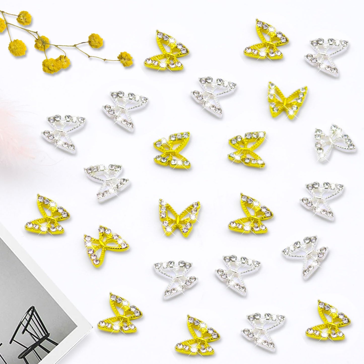 Dexspoeny 60Pcs Butterflies Nail Charms for Shiny Gold Silver Crystals Nails, Art 3D Metallic Fairy Nail Gems Butterflies Decoration Supplies for Women Girls Nails DIY Manicure Jewelry