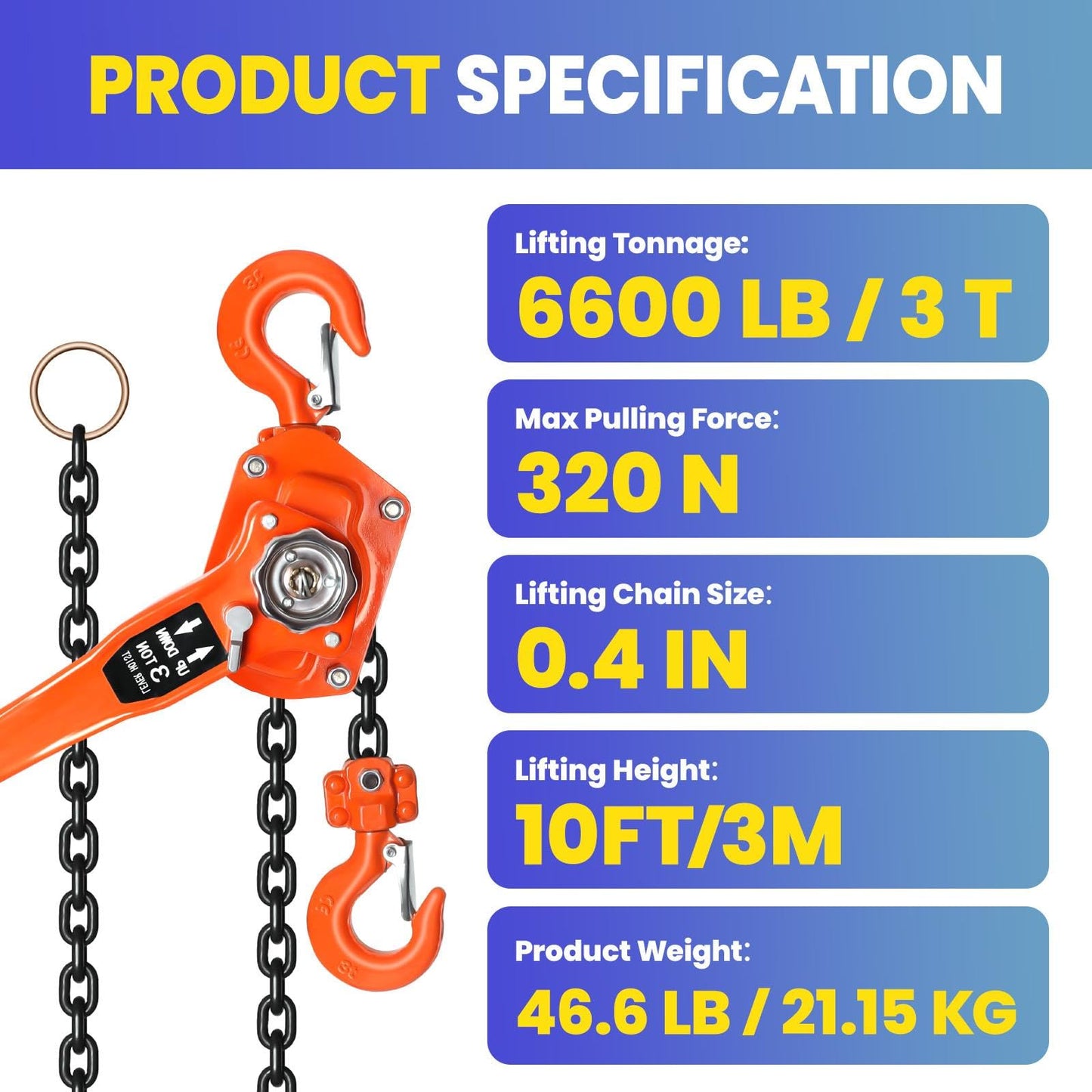 Lever Chain Hoist, Heavy Duty 6600lbs Cpacity Come Along Tool, Hand Chain Hoist with Dual Pawl Brake for Warehouse, Industrial & Construction Use (3Ton10FT)